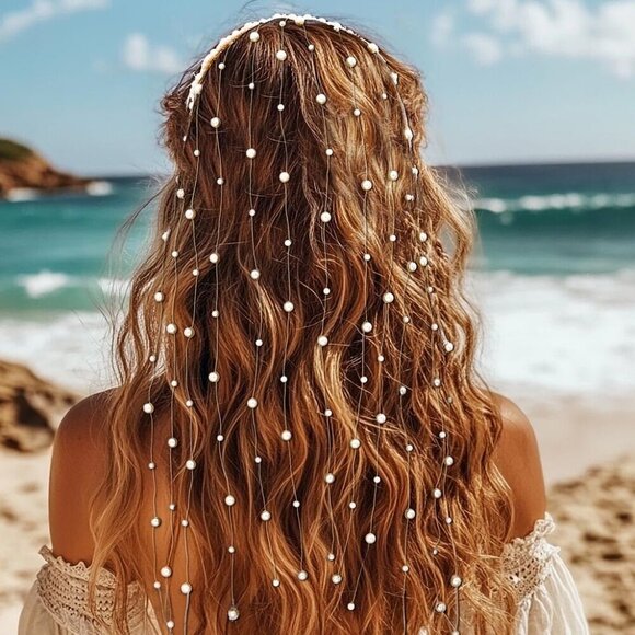 Pearl Bridal Headband Gold Tassel Hair Accessory for Weddings and Events